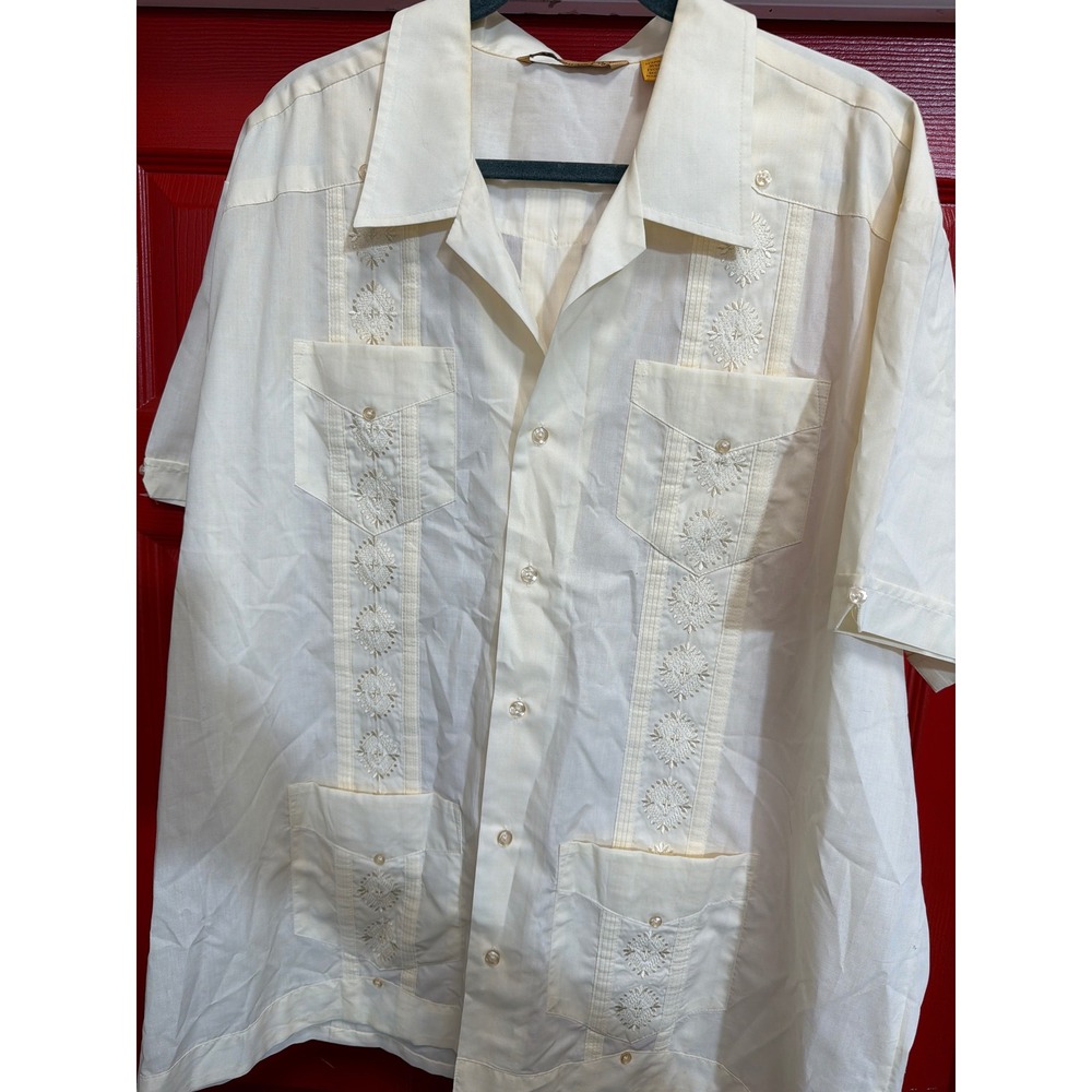 The Havanera Co Mens Guayabera Shirt Cream Short Sleeve Embroidered XXL